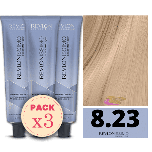 Revlon - Pack 3 Tintes REVLONISSIMO COLORSMETIQUE 8.23 Rubio Claro Irisado Dorado 60 ml (Ker-Ha Complex)