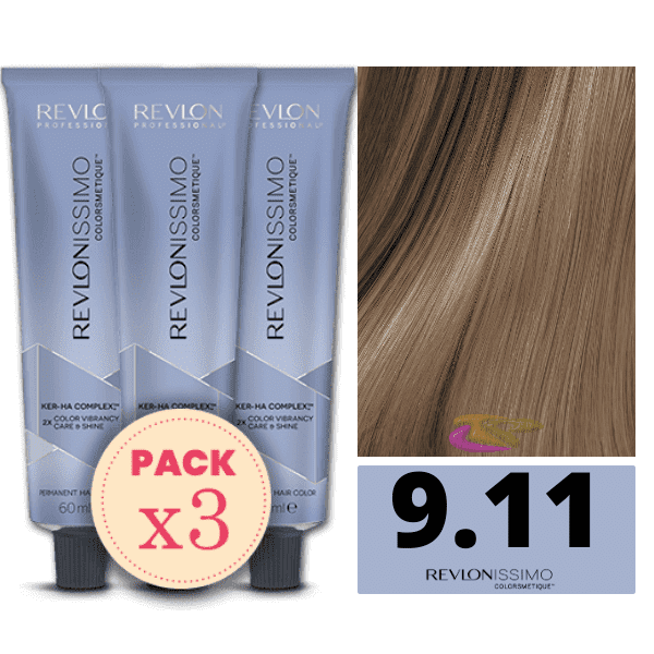 Revlon - Pack 3 Tintes REVLONISSIMO COLORSMETIQUE 9.11 Rubio Muy Claro Ceniza Intenso 60 ml (Ker-Ha Complex)