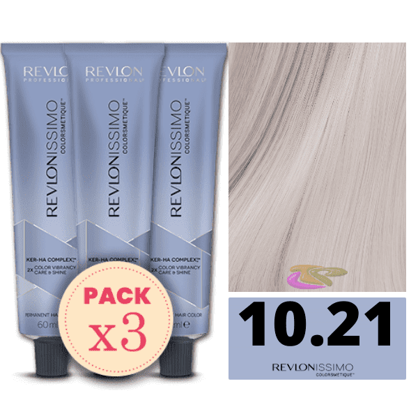 Revlon - Pack 3 Tintes REVLONISSIMO COLORSMETIQUE 10.21 Rubio Clarísimo Irisado Ceniza 60 ml (Ker-Ha Complex)