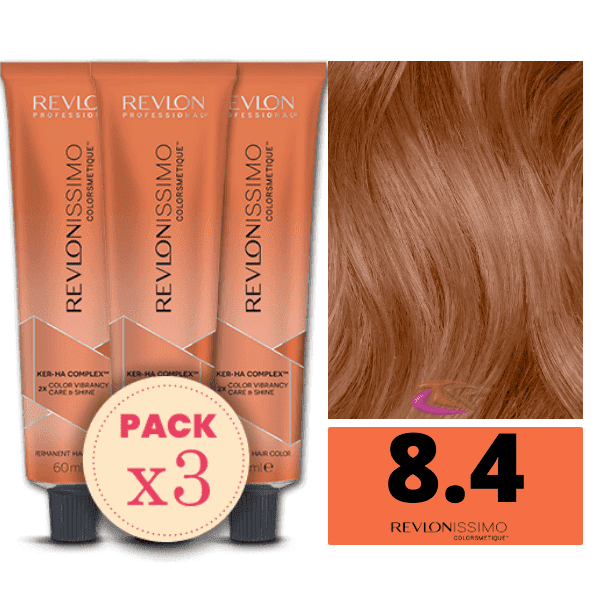 Revlon - Pack 3 Tintes REVLONISSIMO COLORSMETIQUE 8.4 Rubio Claro Cobrizo 60 ml (Ker-Ha Complex)