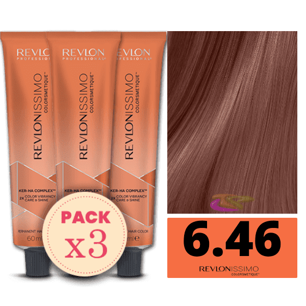 Revlon - Pack 3 Tintes REVLONISSIMO COLORSMETIQUE 6.46 Rubio Oscuro Cobrizo Rojizo 60 ml (Ker-Ha Complex)