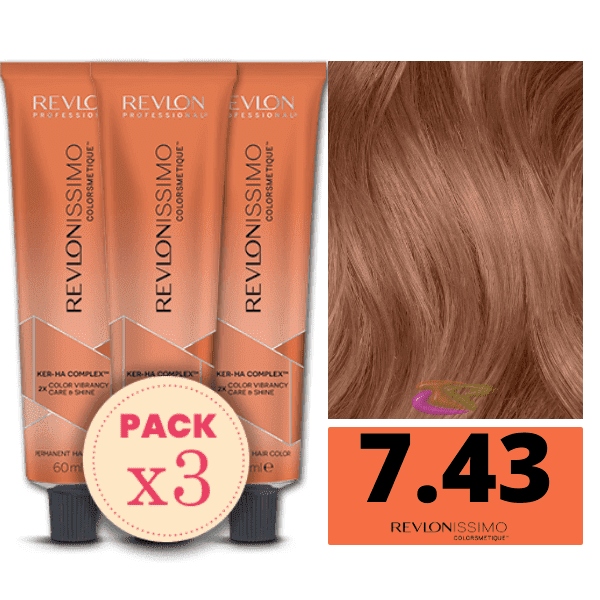 Revlon - Pack 3 Tintes REVLONISSIMO COLORSMETIQUE 7.43 Rubio Medio Cobrizo Dorado 60 ml (Ker-Ha Complex)