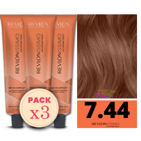 Revlon - Pack 3 Tintes REVLONISSIMO COLORSMETIQUE 7.44 Rubio Medio Cobrizo Intenso 60 ml (Ker-Ha Complex)