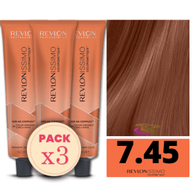 Revlon - Pack 3 Tintes REVLONISSIMO COLORSMETIQUE 7.45 Rubio Medio Cobrizo Caoba 60 ml (Ker-Ha Complex)