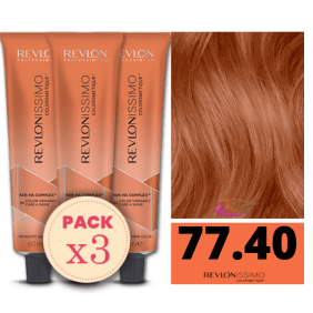 Revlon - Pack 3 Tintes REVLONISSIMO COLORSMETIQUE 77.40 Rubio Medio Cobrizo Intenso 60 ml (Ker-Ha Complex)