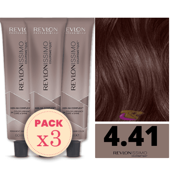 Revlon - Pack 3 Tintes REVLONISSIMO COLORSMETIQUE 4.41 Castaño Medio Marrón Ceniza 60 ml (Ker-Ha Complex)