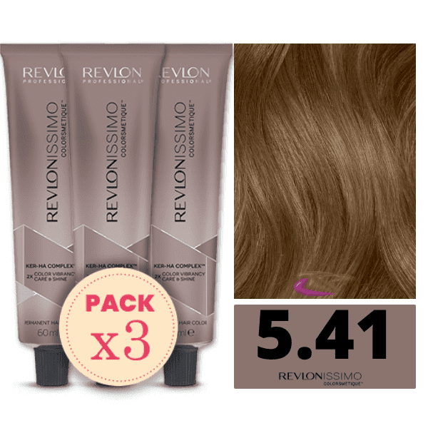 Revlon - Pack 3 Tintes REVLONISSIMO COLORSMETIQUE 5.41 Castaño Claro Marrón Ceniza 60 ml (Ker-Ha Complex)