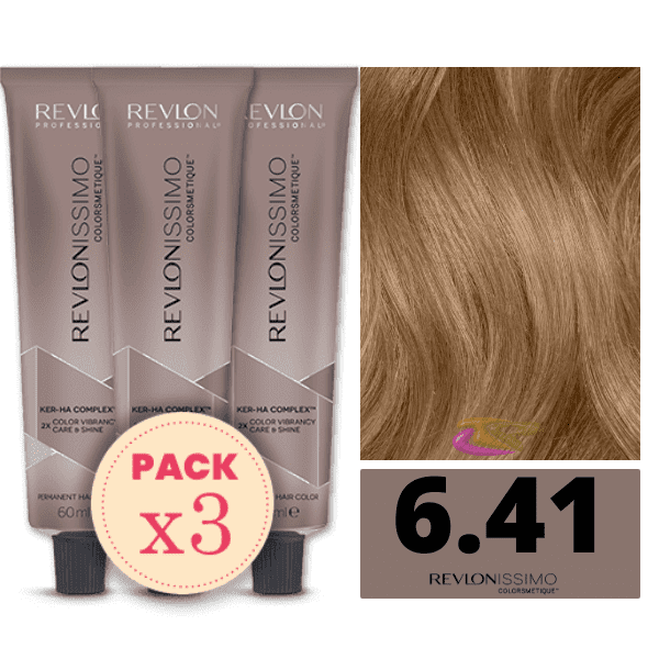 Revlon - Pack 3 Tintes REVLONISSIMO COLORSMETIQUE 6.41 Rubio Oscuro Marrón Ceniza 60 ml (Ker-Ha Complex)