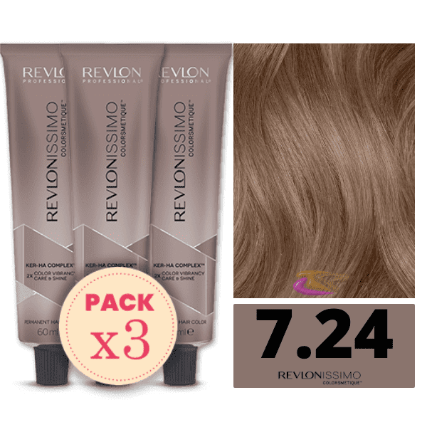 Revlon - Pack 3 Tintes REVLONISSIMO COLORSMETIQUE 7.24 Rubio Medio Irisado Marrón 60 ml (Ker-Ha Complex)