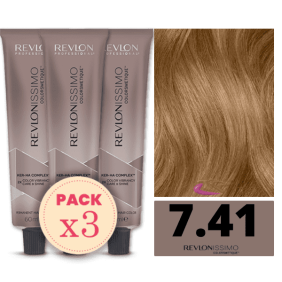 Revlon - Pack 3 Tintes REVLONISSIMO COLORSMETIQUE 7.41 Rubio Medio Marrón Ceniza 60 ml (Ker-Ha Complex)