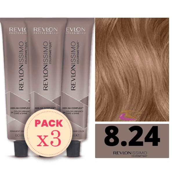 Revlon - Pack 3 Tintes REVLONISSIMO COLORSMETIQUE 8.24 Rubio Claro Irisado Marrón 60 ml (Ker-Ha Complex)