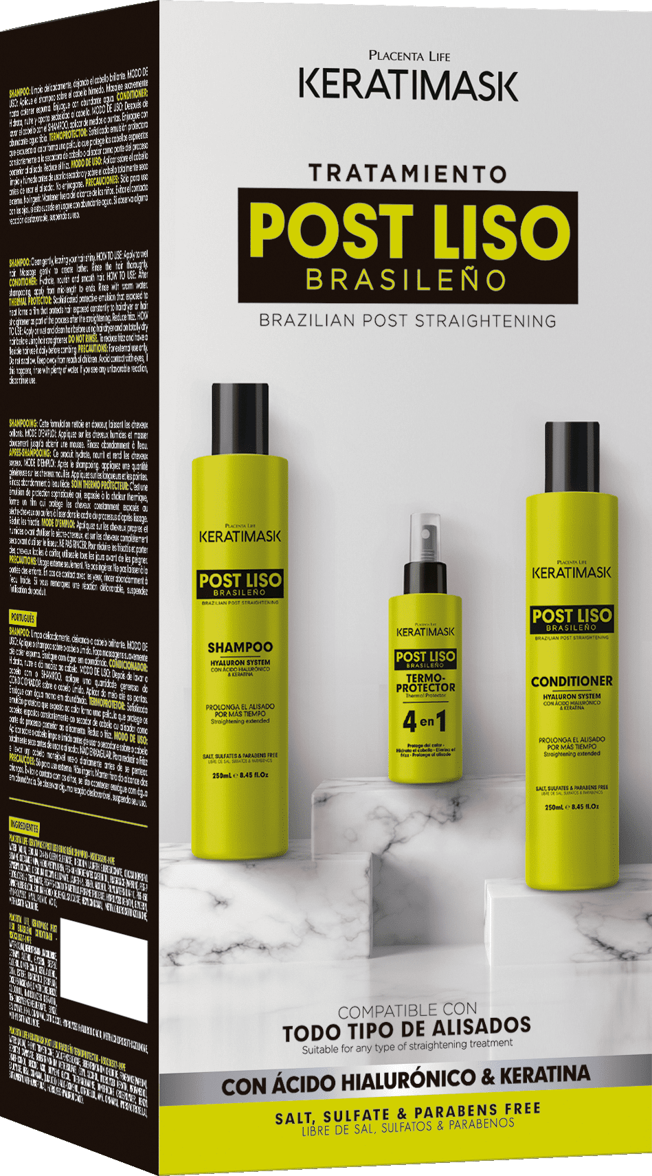 Be Natural - Kit Post Alisado KERATIMASK con ácido hialurónico y keratina (Champú 250 ml + Acondicionador 250 ml + Termoprotector 50 ml)