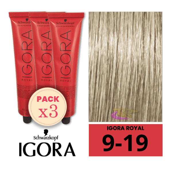 Schwarzkopf - Pack 3 Tintes Igora Royal 9/19 Rubio Muy Claro Ceniza Violeta 60 ml