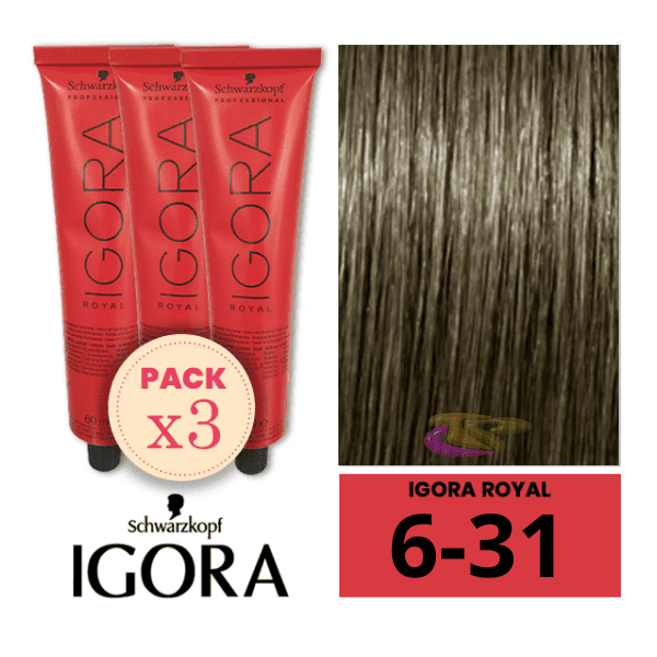 Schwarzkopf - Pack 3 Tintes Igora Royal 6/31 Rubio Oscuro Mate Ceniza 60 ml