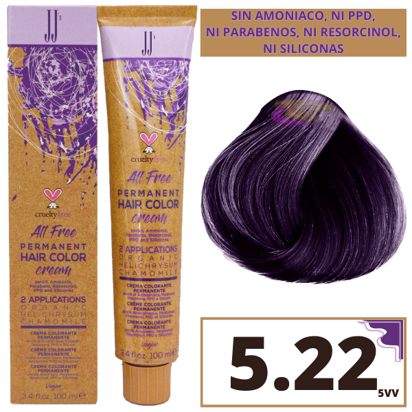 JJ`s - Tinte SIN AMONIACO,NI PPD, NI PARABENOS, NI RESORCINOL, NI SILICONAS Nº 5.22 Castaño Claro Violeta Intenso (5VV) 100 ml