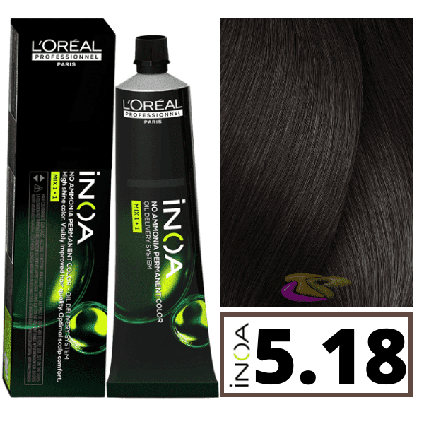 L`Oréal - Tinte INOA sin amoniaco 5.18 Castaño Claro Ceniza Moka 60 ml