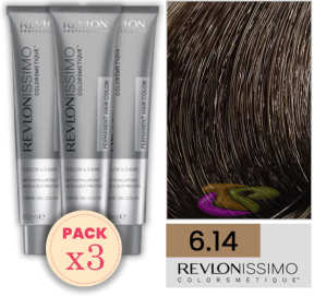 Revlon - Pack 3 Tintes REVLONISSIMO COLORSMETIQUE 6.14 Rubio Oscuro Marrón Escarchado 60 ml