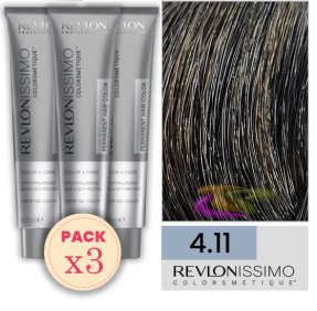 Revlon - Pack 3 Tintes REVLONISSIMO COLORSMETIQUE 4.11 Castaño Medio Ceniza Profundo 60 ml