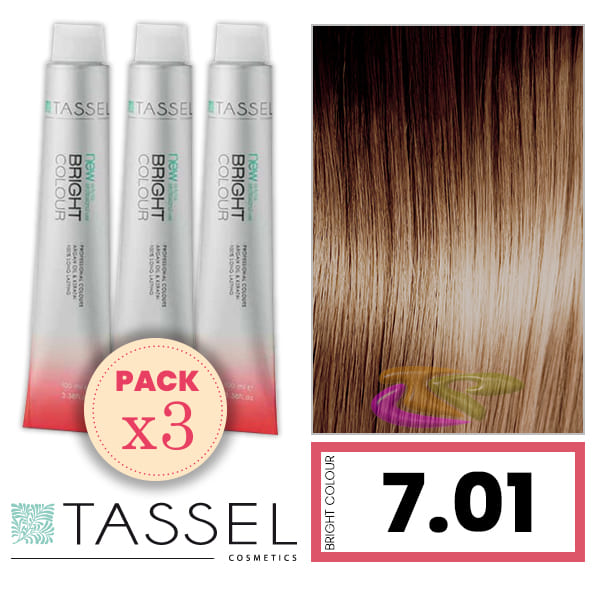 Tassel - Pack 3 Tintes BRIGHT COLOUR con Argán y Keratina Nº 7.01 RUBIO MEDIO FRÍO 100 ml