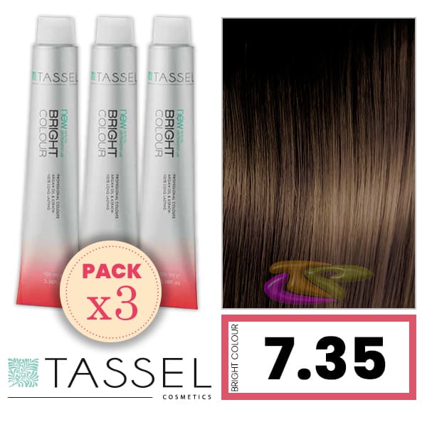 Tassel - Pack 3 Tintes BRIGHT COLOUR con Argán y Keratina Nº 7.35 RUBIO MEDIO DORADO CAOBA 100 ml