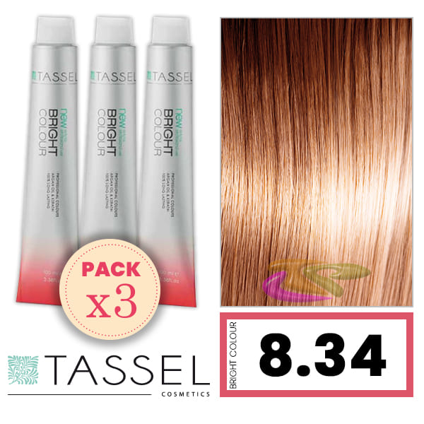 Tassel - Pack 3 Tintes BRIGHT COLOUR con Argán y Keratina Nº 8.34 RUBIO CLARO DORADO COBRE 100 ml