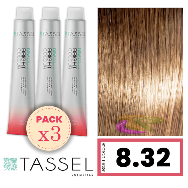 Tassel - Pack 3 Tintes BRIGHT COLOUR con Argán y Keratina Nº 8.32 RUBIO CLARO DORADO BEIGE 100 ml