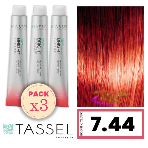 Tassel - Pack 3 Tintes BRIGHT COLOUR con Argán y Keratina Nº 7.44 RUBIO MEDIO COBRE INTENSO 100 ml