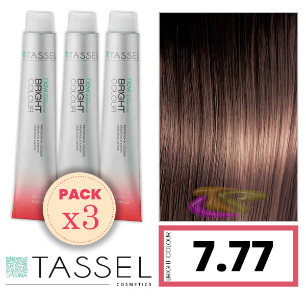 Tassel - Pack 3 Tintes BRIGHT COLOUR con Argán y Keratina Nº 7.77 RUBIO MEDIO CHOCOLATE 100 ml