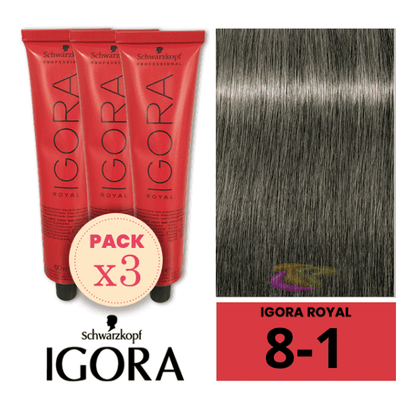 Schwarzkopf - Pack 3 Tintes Igora Royal 8/1 Rubio Claro Ceniza 60 ml