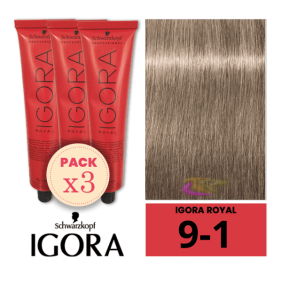 Schwarzkopf - Pack 3 Tintes Igora Royal 9/1 Rubio Muy Claro Ceniza 60 ml