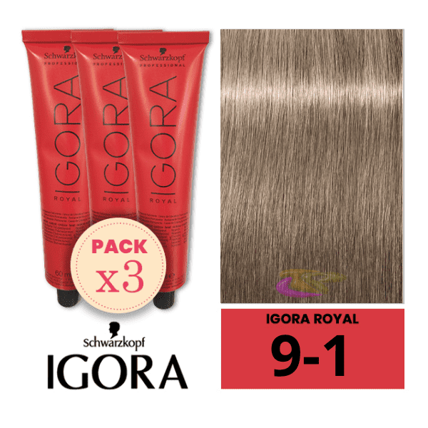 Schwarzkopf - Pack 3 Tintes Igora Royal 9/1 Rubio Muy Claro Ceniza 60 ml