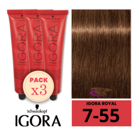 Schwarzkopf - Pack 3 Tintes Igora Royal 7/55 Rubio Medio Dorado Intenso 60 ml