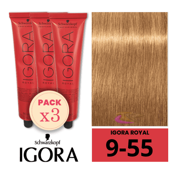 Schwarzkopf - Pack 3 Tintes Igora Royal 9/55 Rubio Muy Claro Dorado Intenso 60 ml