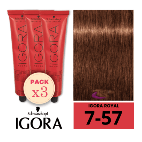 Schwarzkopf - Pack 3 Tintes Igora Royal 7/57 Rubio Medio Dorado Cobrizo 60 ml