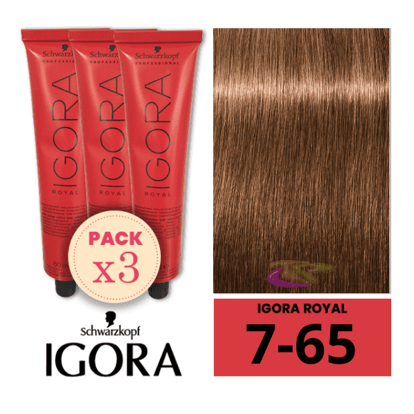 Schwarzkopf - Pack 3 Tintes Igora Royal 7/65 Rubio Medio Marrón Dorado 60 ml