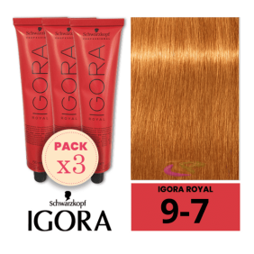 Schwarzkopf - Pack 3 Tintes Igora Royal 9/7 Rubio Muy Claro Cobrizo 60 ml