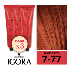 Schwarzkopf - Pack 3 Tintes Igora Royal 7/77 Rubio Medio Cobrizo Intenso 60 ml