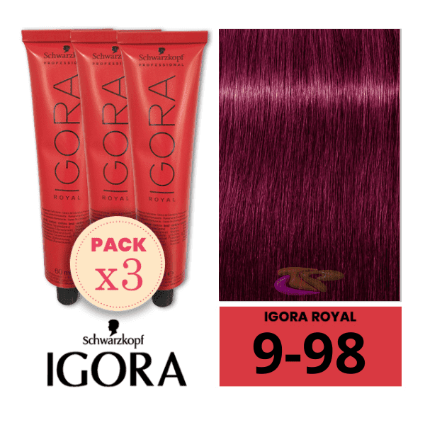 Schwarzkopf - Pack 3 Tintes Igora Royal 9/98 Rubio Muy Claro Violeta Rojo 60 ml