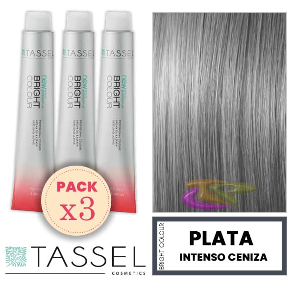 Tassel - Pack 3 Tintes Semipermanentes BRIGHT COLOUR con Argán y Keratina PLATA INTENSO CENIZA 100 ml