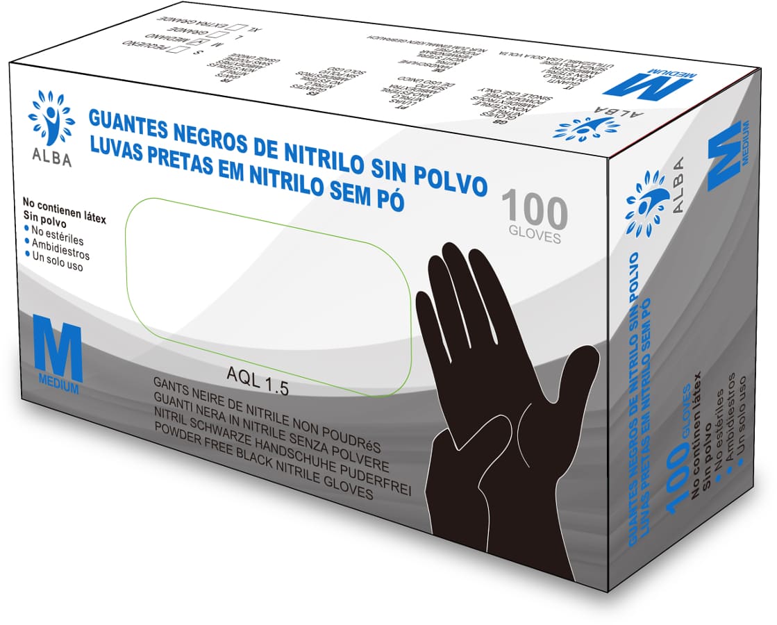 Alba - Guantes desechables NITRILO SIN POLVO Negros Talla M (100 uds)(003338)