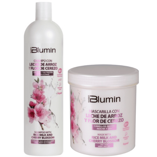 Blumin - Pack Oferta Leche de Arroz y Flor de Cerezo (para cabellos normales a secos) (Champú 1000 ml + Mascarilla 700 ml)